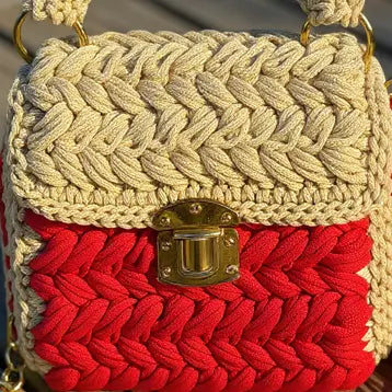 VEYARO Artisan Hand-Crocheted Statement Bag – Red & Beige with Gold Hardware - Veyaro