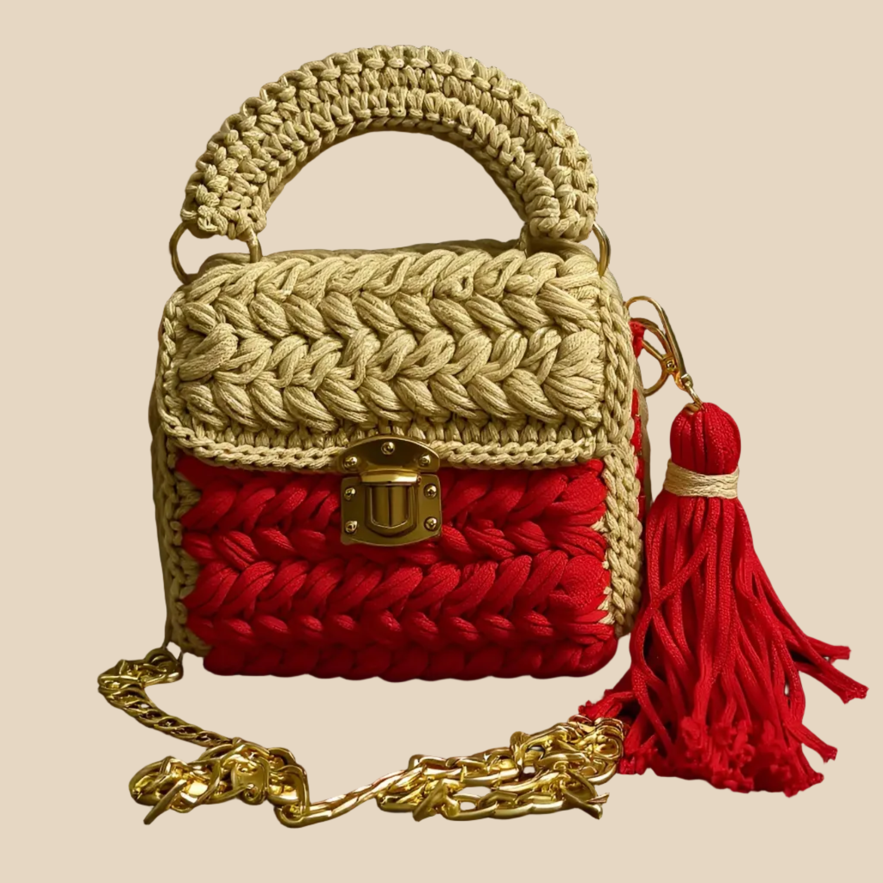 VEYARO Artisan Hand-Crocheted Statement Bag – Red & Beige with Gold Hardware - Veyaro