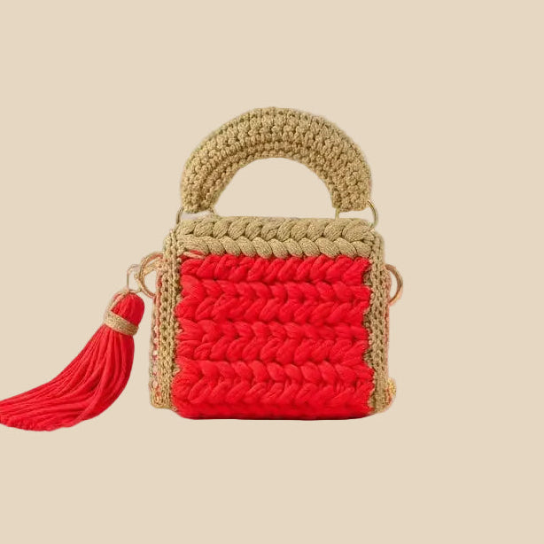 VEYARO Artisan Hand-Crocheted Statement Bag – Red & Beige with Gold Hardware - Veyaro