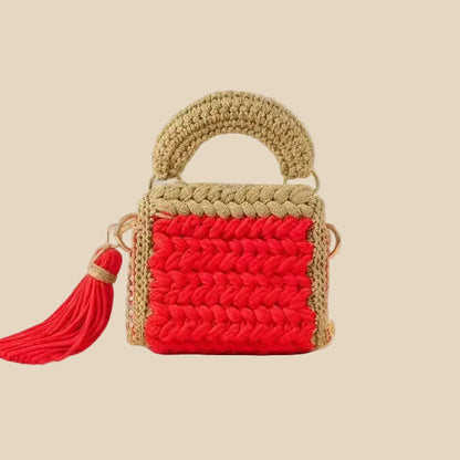 VEYARO Artisan Hand-Crocheted Statement Bag – Red & Beige with Gold Hardware - Veyaro