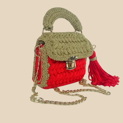 VEYARO Artisan Hand-Crocheted Statement Bag – Red & Beige with Gold Hardware - Veyaro