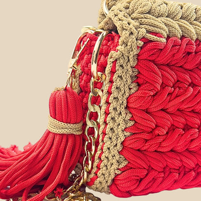 VEYARO Artisan Hand-Crocheted Statement Bag – Red & Beige with Gold Hardware - Veyaro