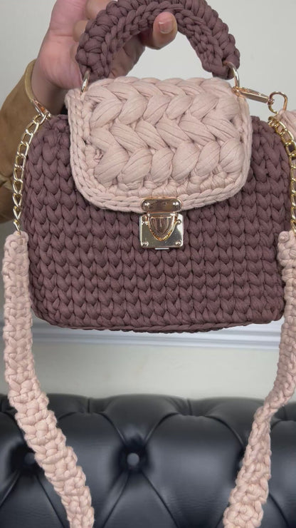 Handmade Crochet Shoulder Bag for Women | Textured T-Shirt Yarn Handbag | Brown & Beige Veyaro Bag